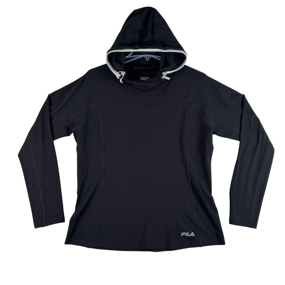 FILA Hoodie Womens Medium Black Lightweight Stretch Pullover Athletic Top